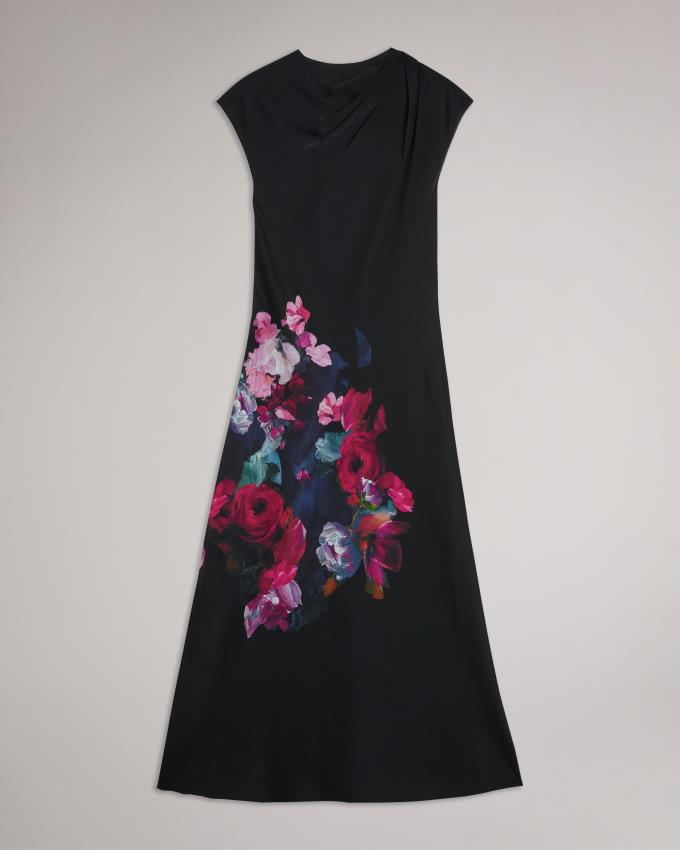 Peignoir Ted Baker Floral Satin Midaxi With Draped Neckline Noir Femme | HWD-94605356